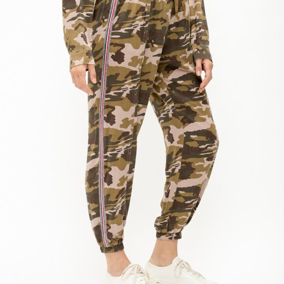 MYSTREE Camo Jogger Pants, Green Brown Drawstring Lounge Pants with Side Stripe - Picture 6 of 8